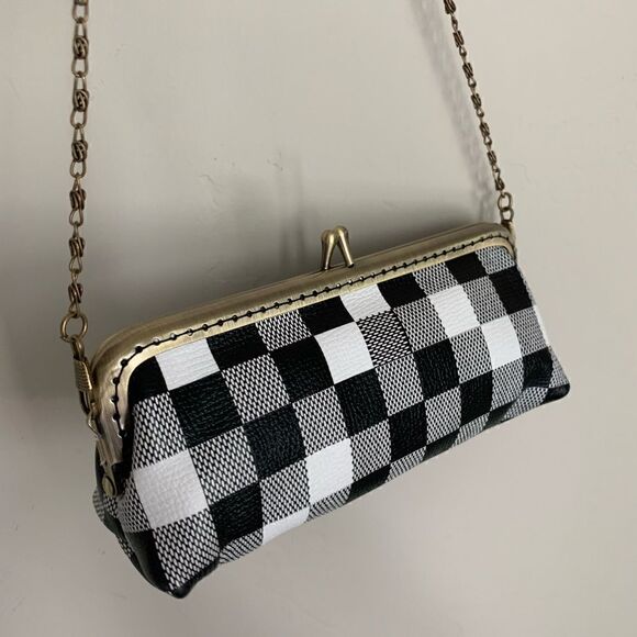 Handmade Genuine Leather Checker Embossed Kiss-lock  Small Clutch/Cosmetics Case - Picture 10 of 13